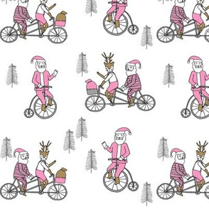 Santa Claus bicycle with reindeer christmas fabric light pink