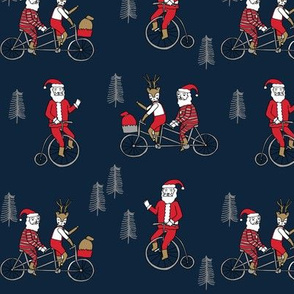 Santa Claus bicycle with reindeer christmas fabric navy