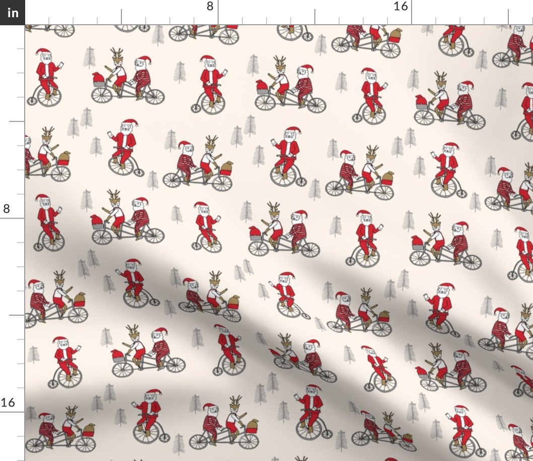 Santa Claus bicycle with reindeer christmas fabric off-white