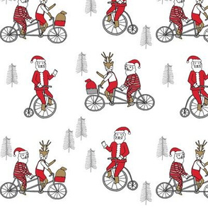 Santa Claus bicycle with reindeer christmas fabric white