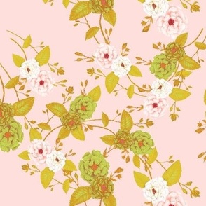 1 Chinoserie Rose Mustard Green, Peachy Pink