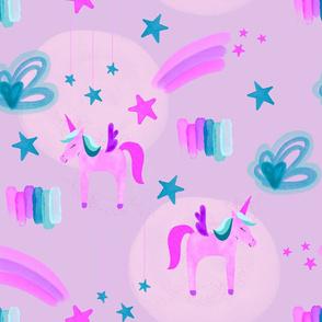 Electric Pink Unicorns Stars and Clouds // on purple
