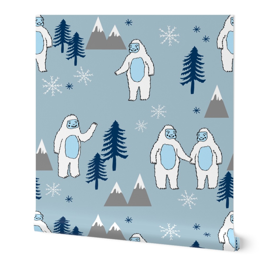 Yeti christmas winter snow fabric blue grey by andrea lauren