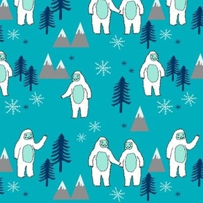 Yeti christmas winter snow fabric bright blue by andrea lauren