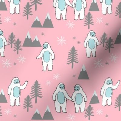 Yeti christmas winter snow fabric pink by andrea lauren