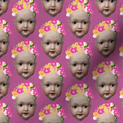 Baby Girl Doll Head || Magenta linen painted flower floral yellow pink purple
