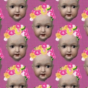 Baby Girl Doll Head || Magenta linen painted flower floral yellow pink purple