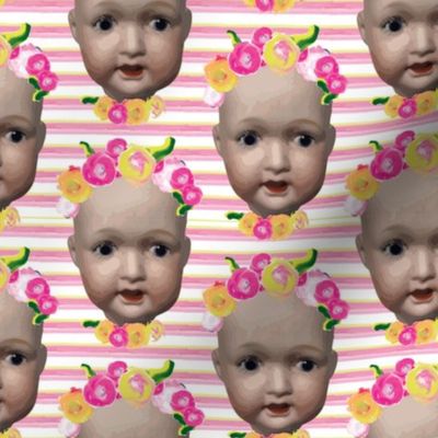 Baby girl doll head || Painted flower floral pink yellow green stripe modern _ Miss Chiff Designs