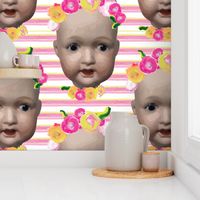 Baby girl doll head || Painted flower floral pink yellow green stripe modern _ Miss Chiff Designs