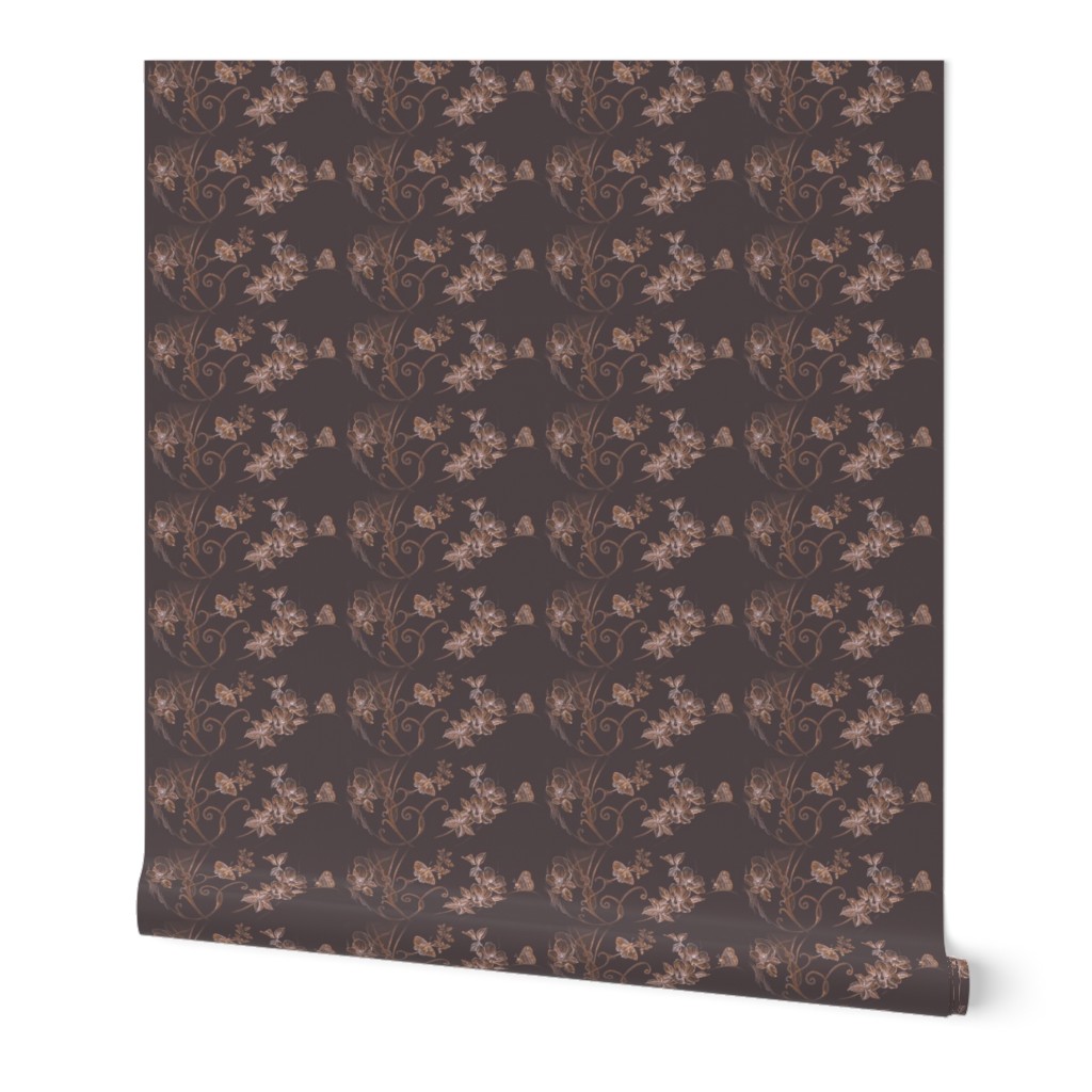 3x8-Inch Repeat of Hand-drawn Toile on Eggplant Brown Background