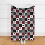 Woodland Cheater Quilt - Bear + Moose Adventure Patchwork Baby Blanket, Black Red & Soft Gray Design Ginger Lous