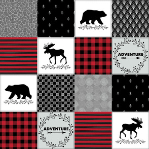 Woodland Cheater Quilt - Bear + Moose Adventure Patchwork Baby Blanket, Black Red & Soft Gray Design Ginger Lous