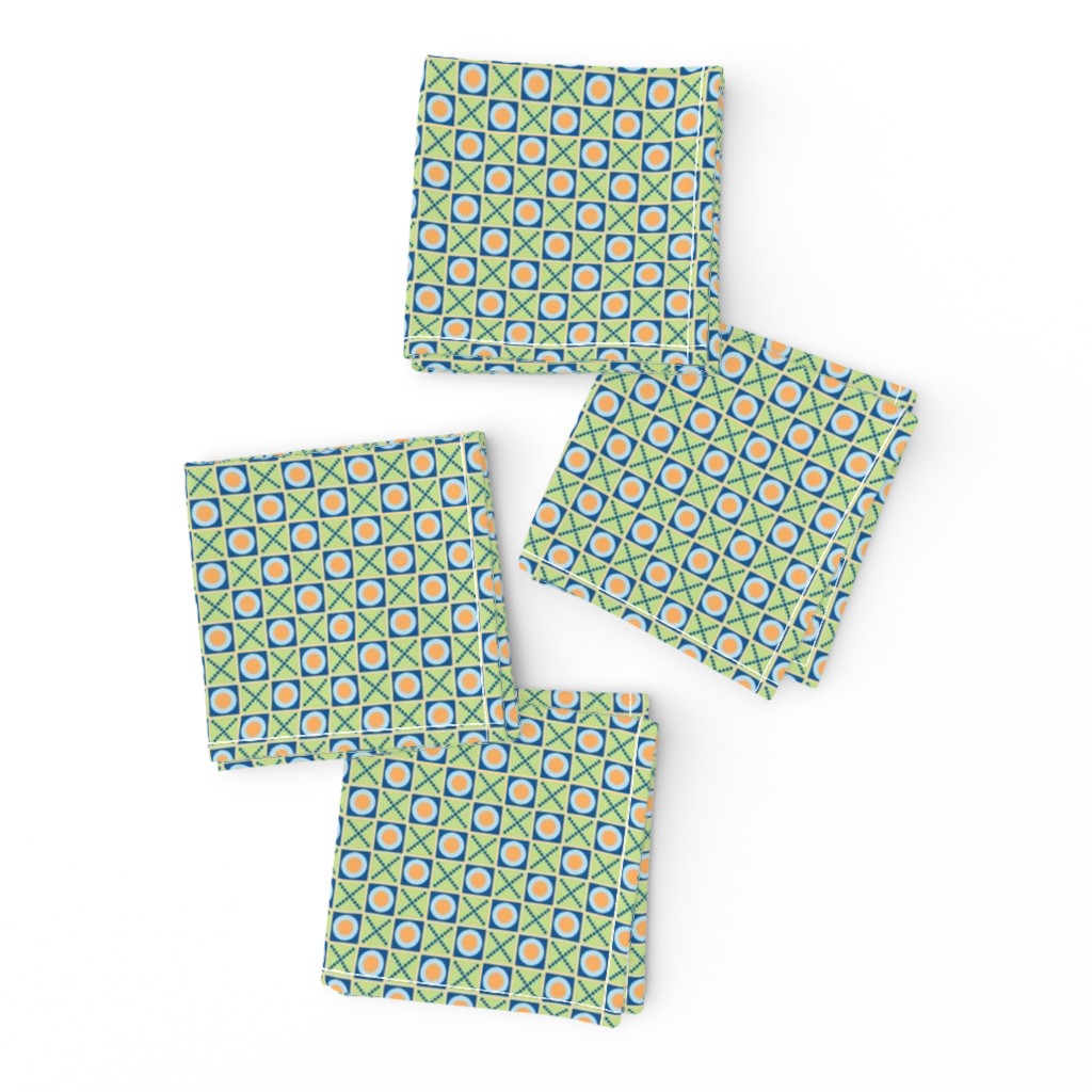 Cosy Kitchen Hugs and Kisses (#B1a) on Cool Spring Green With Summer Seas Blue and Persimmon Dots