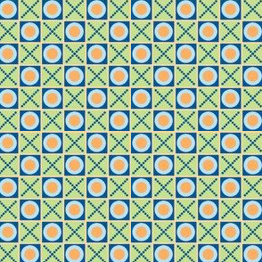 Cosy Kitchen Hugs and Kisses (#B1a) on Cool Spring Green With Summer Seas Blue and Persimmon Dots