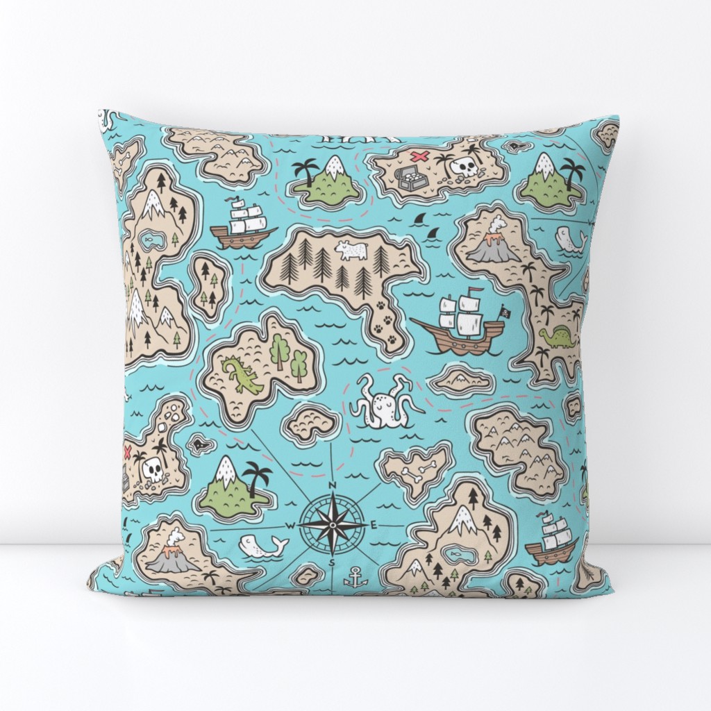 Pirate Adventure Nautical Map with Mountains, Ships, Compass, Trees & Waves in Blue Large Size