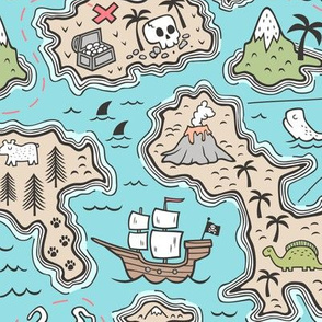 Pirate Adventure Nautical Map with Mountains, Ships, Compass, Trees & Waves in Blue Large Size