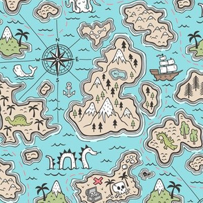Pirate Adventure Nautical Map with Mountains, Ships, Compass, Trees & Waves in Blue 