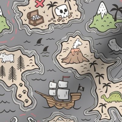 Pirate Adventure Nautical Map with Mountains, Ships, Compass, Trees & Waves on Dark Grey Large Size