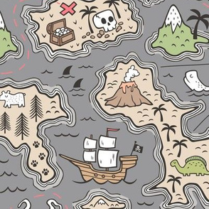 Pirate Adventure Nautical Map with Mountains, Ships, Compass, Trees & Waves on Dark Grey Large Size