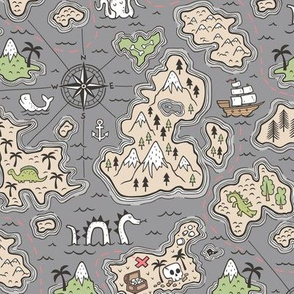 Pirate Adventure Nautical Map with Mountains, Ships, Compass, Trees & Waves on Dark Grey