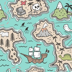 Pirate Adventure Nautical Map with Mountains, Ships, Compass, Trees & Waves on Mint Green Large Size