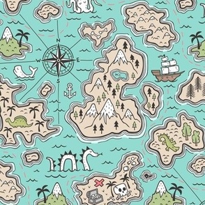 Pirate Adventure Nautical Map with Mountains, Ships, Compass, Trees & Waves on Mint Green