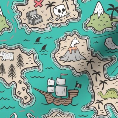 Pirate Adventure Nautical Map with Mountains, Ships, Compass, Trees & Waves in Green Teal Large Size