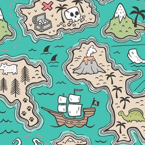 Pirate Adventure Nautical Map with Mountains, Ships, Compass, Trees & Waves in Green Teal Large Size