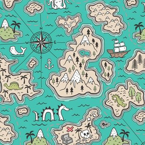 Pirate Adventure Nautical Map with Mountains, Ships, Compass, Trees & Waves on Green Teal