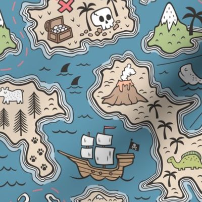 Pirate Adventure Nautical Map with Mountains, Ships, Compass, Trees & Waves on Dark Blue Navy Large Size