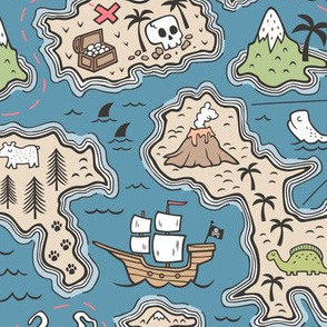 Pirate Adventure Nautical Map with Mountains, Ships, Compass, Trees & Waves on Dark Blue Navy Large Size