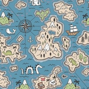 Pirate Adventure Nautical Map with Mountains, Ships, Compass, Trees & Waves on Dark Blue Navy