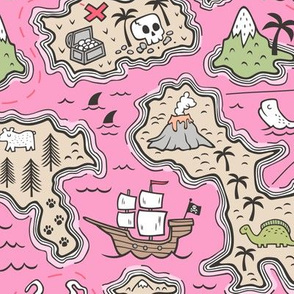 Pirate Adventure Nautical Map with Mountains, Ships, Compass, Trees & Waves on Pink  Large Size