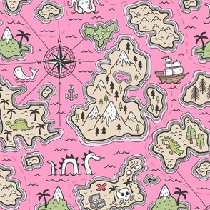 Pirate Adventure Nautical Map with Mountains, Ships, Compass, Trees & Waves on Pink