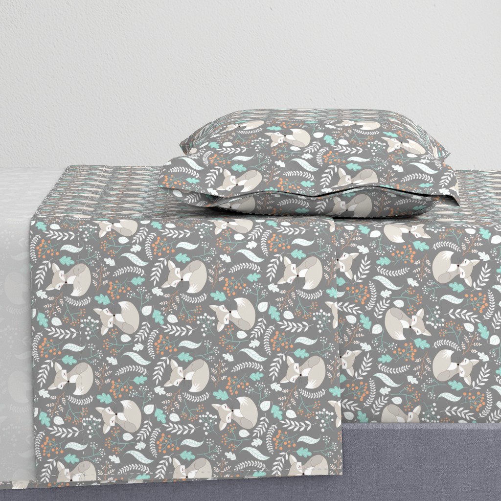 Gray Fox - Sleepy Foxes (steel grey) Baby Boy Nursery Woodland Animals Kids Childrens Bedding S2