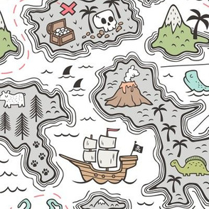 Pirate Adventure Nautical Map with Mountains, Ships, Compass, Trees & Waves on White  Large Size