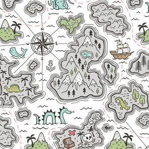 Pirate Adventure Nautical Map with Mountains, Ships, Compass, Trees & Waves on White