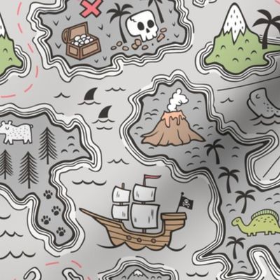 Pirate Adventure Nautical Map with Mountains, Ships, Compass, Trees & Waves on Grey Large Size