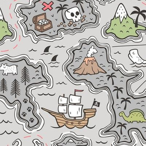 Pirate Adventure Nautical Map with Mountains, Ships, Compass, Trees & Waves on Grey Large Size