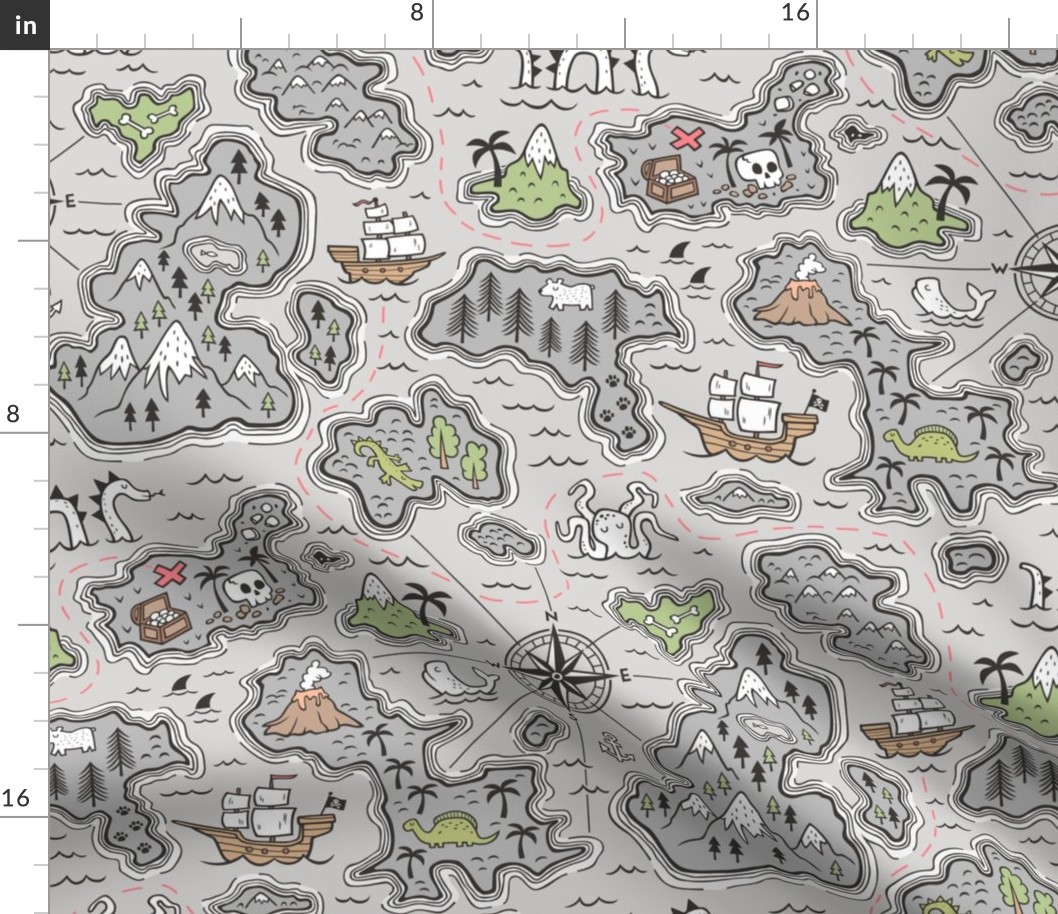 Pirate Adventure Nautical Map with Mountains, Ships, Compass, Trees & Waves on Grey Large Size