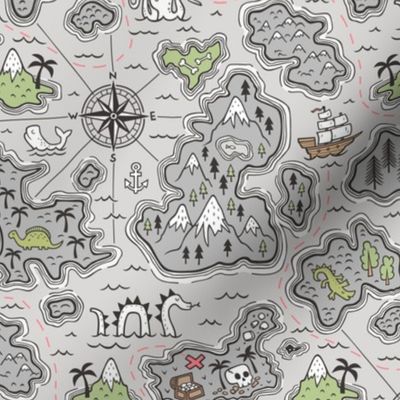 Pirate Adventure Nautical Map with Mountains, Ships, Compass, Trees & Waves on Grey