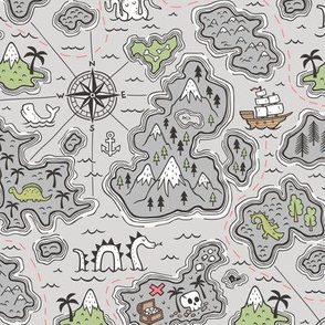 Pirate Adventure Nautical Map with Mountains, Ships, Compass, Trees & Waves on Grey