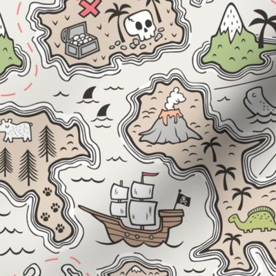 Pirate Adventure Nautical Map with Mountains, Ships, Compass, Trees & Waves Large Size