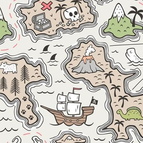 Pirate Adventure Nautical Map with Mountains, Ships, Compass, Trees & Waves Large Size
