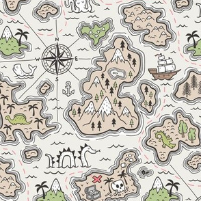 Pirate Adventure Nautical Map with Mountains, Ships, Compass, Trees & Waves  