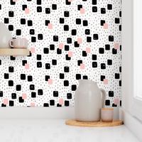 Abstract geometric squares and dots sweet speckles and dashes black white and pastel pink