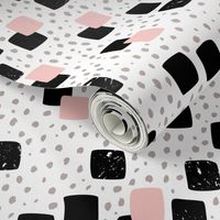 Abstract geometric squares and dots sweet speckles and dashes black white and pastel pink