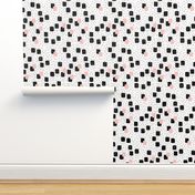 Abstract geometric squares and dots sweet speckles and dashes black white and pastel pink