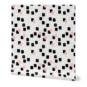 Abstract geometric squares and dots sweet speckles and dashes black white and pastel pink