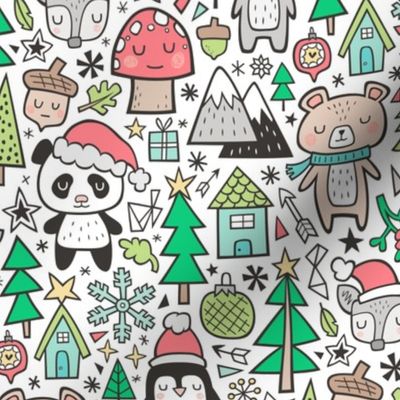 Christmas Holidays Animals Doodle with Panda, Deer, Bear, Penguin and Trees on White